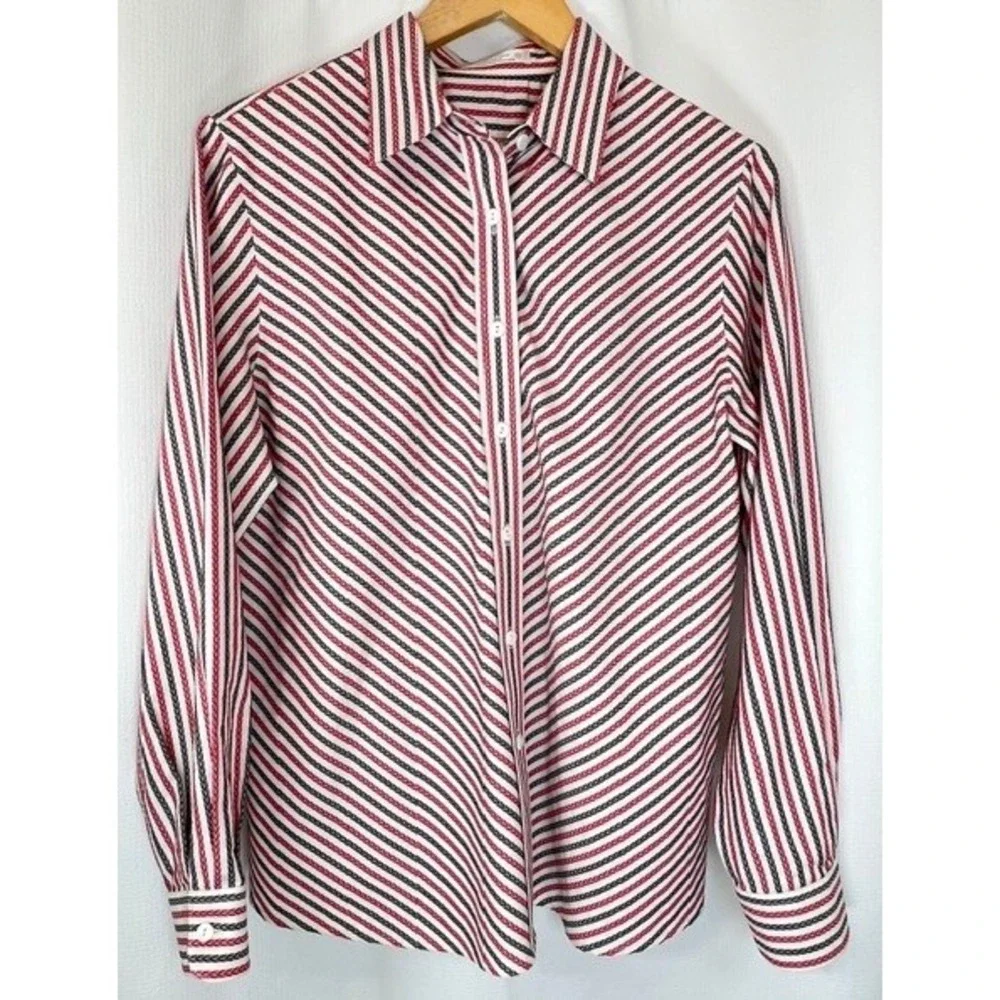Foxcroft Non Iron Button Up Shirt Sz 12 Red Black Diagonal Stripe Preppy Boho - Picture 2 of 13